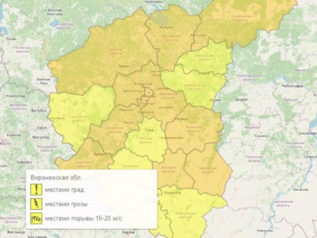 Жёлтый уровень опасности из-за града и гроз объявили в Воронежской области